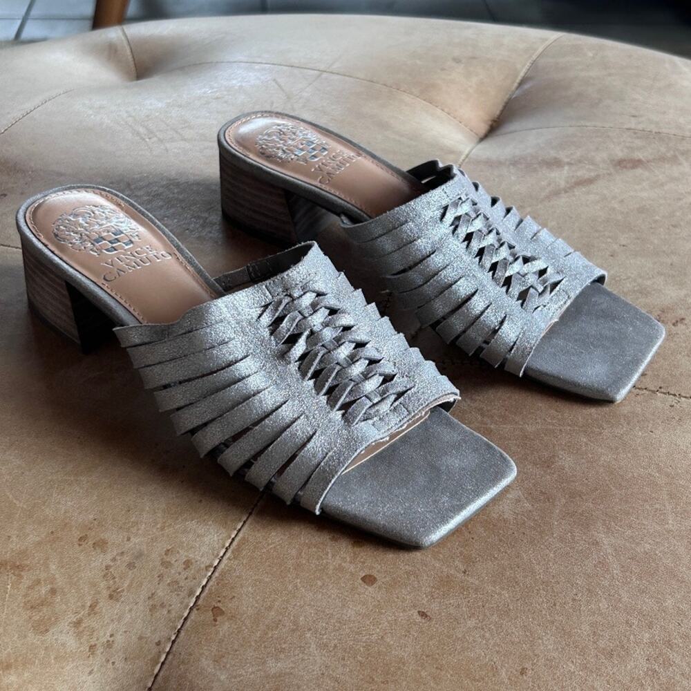 Vince Camuto Leather Woven Mule Sandals Block Heel Neutral Minimal 6